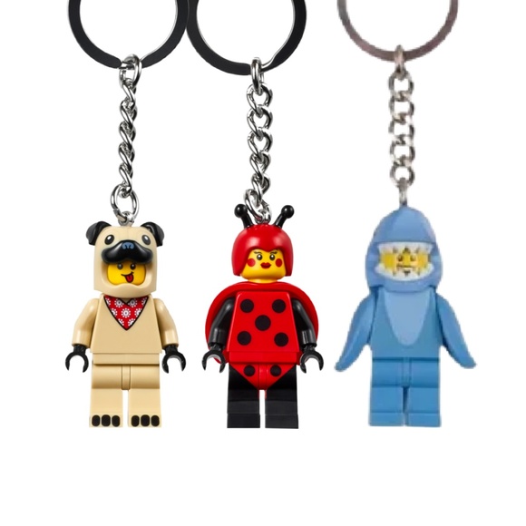 🖤 LEGO Costume Keychain Lot of 3 French Bull Dog Guy, Lady Bug Girl, Shark Suit - Picture 2 of 4